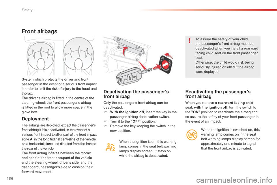 Citroen C4 CACTUS 2015 1.G Service Manual 136
C4-cactus_en_Chap07_securite_ed02-2014
Deactivating the passengers
front airbag
Only the passengers front airbag can be deactivated.
F
W
ith the ignition off ,
 insert  the  key Citroen C4 CACTUS 2015 1.G Service Manual 136
C4-cactus_en_Chap07_securite_ed02-2014
Deactivating the passengers
front airbag
Only the passengers front airbag can be deactivated.
F
W
ith the ignition off ,
 insert  the  key