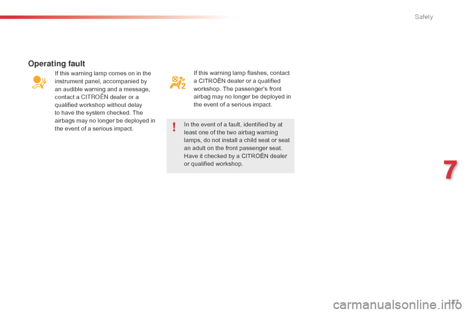 Citroen C4 CACTUS 2015 1.G Owners Manual 137
C4-cactus_en_Chap07_securite_ed02-2014
If this warning lamp flashes, contact a  CITROËN   dealer   or   a   qualified  
w

orkshop.   The   passengers   front  
a

irbag   may �