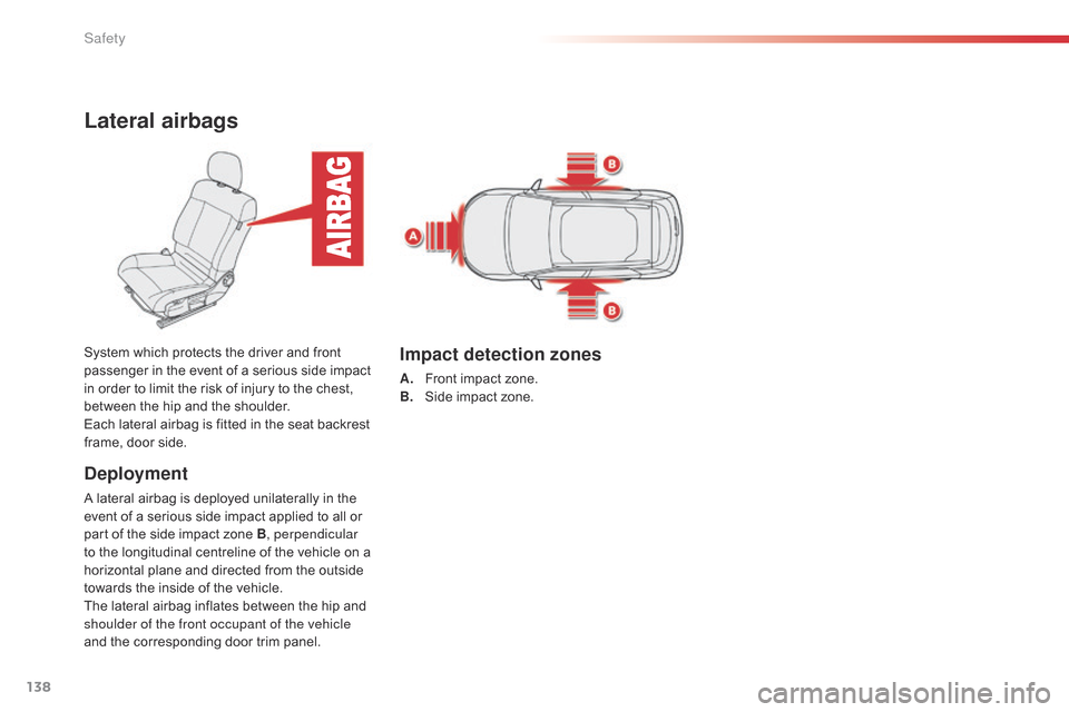 Citroen C4 CACTUS 2015 1.G Owners Guide 138
C4-cactus_en_Chap07_securite_ed02-2014
Lateral airbags
Deployment
A lateral airbag is deployed unilaterally in the event   of   a   serious   side   impact   applied   to   all   