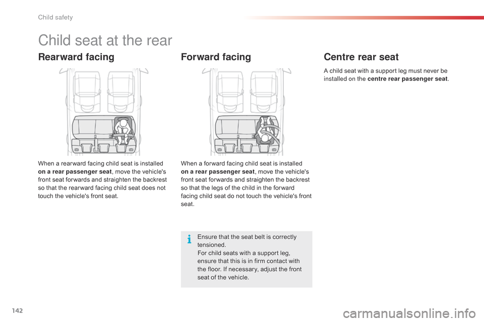 Citroen C4 CACTUS 2015 1.G Owners Manual 142
C4-cactus_en_Chap08_securite-enfants_ed02-2014
Child seat at the rear
Rearward facing
When a rear ward facing child seat is installed on a rear passenger seat ,
  move   the   vehicles