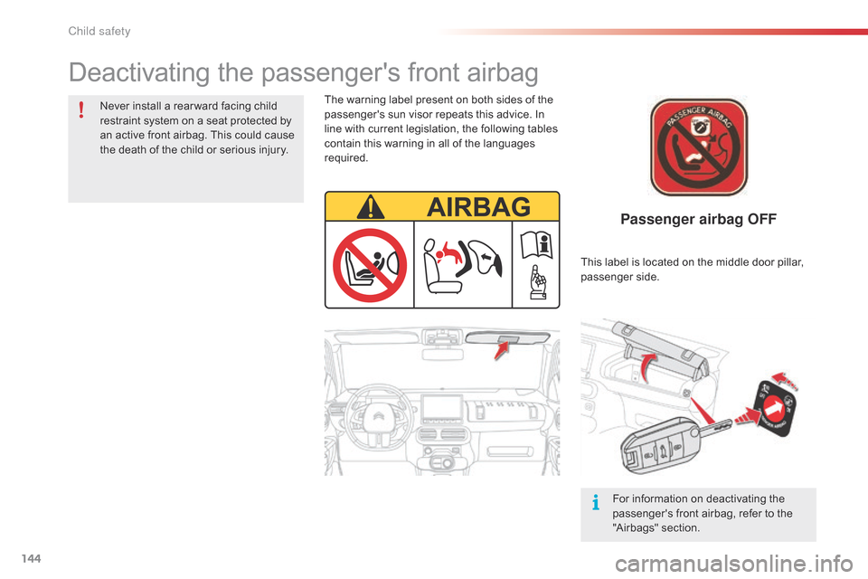 Citroen C4 CACTUS 2015 1.G Owners Manual 144
C4-cactus_en_Chap08_securite-enfants_ed02-2014
Passenger airbag OFF
The warning label present on both sides of the passengers sun visor repeats this advice. In
l
in Citroen C4 CACTUS 2015 1.G Owners Manual 144
C4-cactus_en_Chap08_securite-enfants_ed02-2014
Passenger airbag OFF
The warning label present on both sides of the passengers sun visor repeats this advice. In
l
in