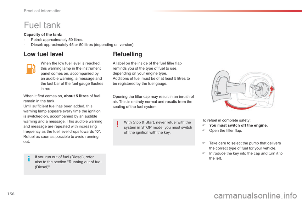 Citroen C4 CACTUS 2015 1.G Owners Manual 156
C4-cactus_en_Chap09_info-pratiques_ed02-2014
Fuel tank
Capacity of the tank:
- Pe trol:   approximately   50   litres.
-
 
D
 iesel:   approximately   45   or   50   litres   (dependin