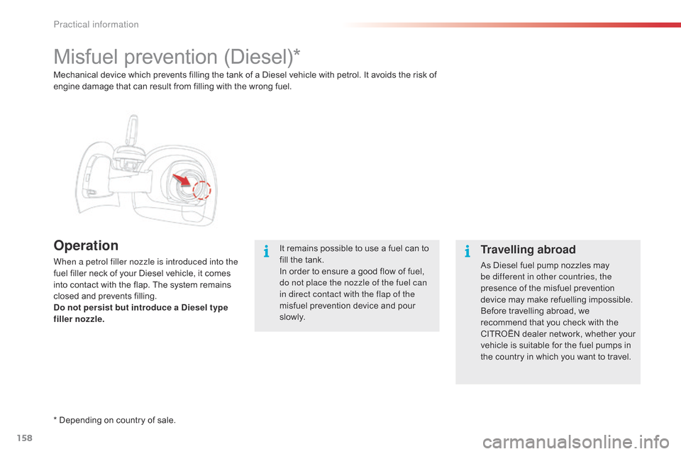 Citroen C4 CACTUS 2015 1.G Owners Manual 158
C4-cactus_en_Chap09_info-pratiques_ed02-2014
Misfuel prevention (Diesel)*
Operation
When a petrol filler nozzle is introduced into the 
fuel  filler   neck   of   your   Diesel   vehicle, 