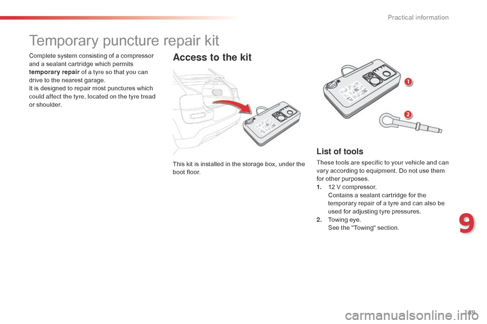 Citroen C4 CACTUS 2015 1.G Owners Manual 169
C4-cactus_en_Chap09_info-pratiques_ed02-2014
This kit is  installed  i n  t he  s torage  b ox,  u nder  t he  b
oot   floor.
Complete
 
system
 
consisting
 
of
 
a
 
compressor
�