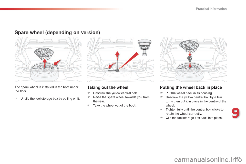 Citroen C4 CACTUS 2015 1.G Owners Guide 177
C4-cactus_en_Chap09_info-pratiques_ed02-2014
F Unclip  the   tool   storage   box   by   pulling   on   it.
The spare wheel is installed in the boot under 
the
  floor.
Spare wheel (depe
