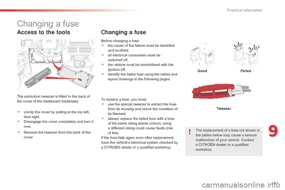 Citroen C4 CACTUS 2015 1.G Owners Manual 191
C4-cactus_en_Chap09_info-pratiques_ed02-2014
Before changing a fuse:
F  t he   cause   of   the   failure   must   be   identified  
a

nd rectified,
F
 
a
 ll   electrical   consum