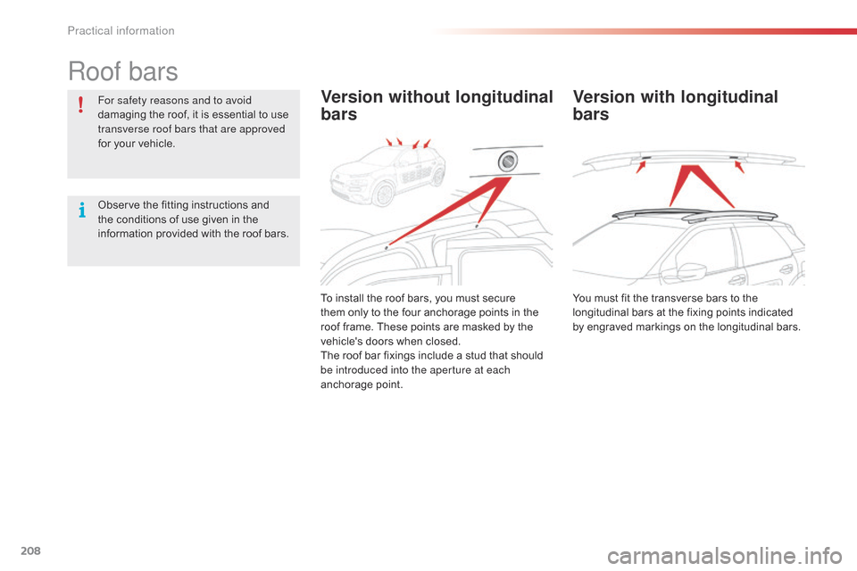 Citroen C4 CACTUS 2015 1.G Owners Manual 208
C4-cactus_en_Chap09_info-pratiques_ed02-2014
Roof bars
For safety reasons and to avoid 
damaging  the   roof,   it   is   essential   to   use  
t

ransverse roof bars that are approved 
f