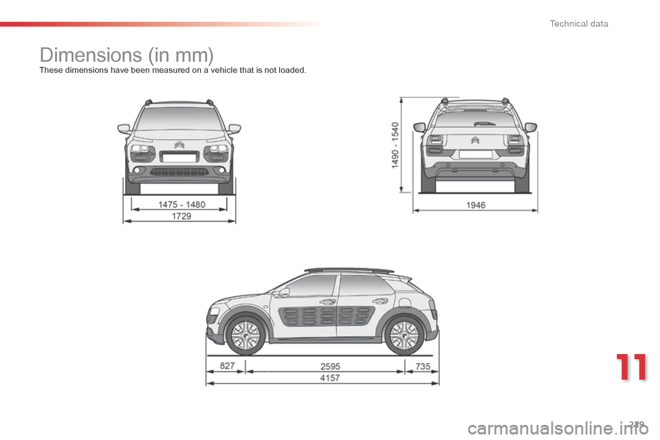 Citroen C4 CACTUS 2015 1.G Owners Manual 229
C4-cactus_en_Chap11_caracteristiques-techniques_ed02-2014
Dimensions (in m m)These dimensions have been measured on a vehicle that is not loaded.
11
T Citroen C4 CACTUS 2015 1.G Owners Manual 229
C4-cactus_en_Chap11_caracteristiques-techniques_ed02-2014
Dimensions (in m m)These dimensions have been measured on a vehicle that is not loaded.
11
T