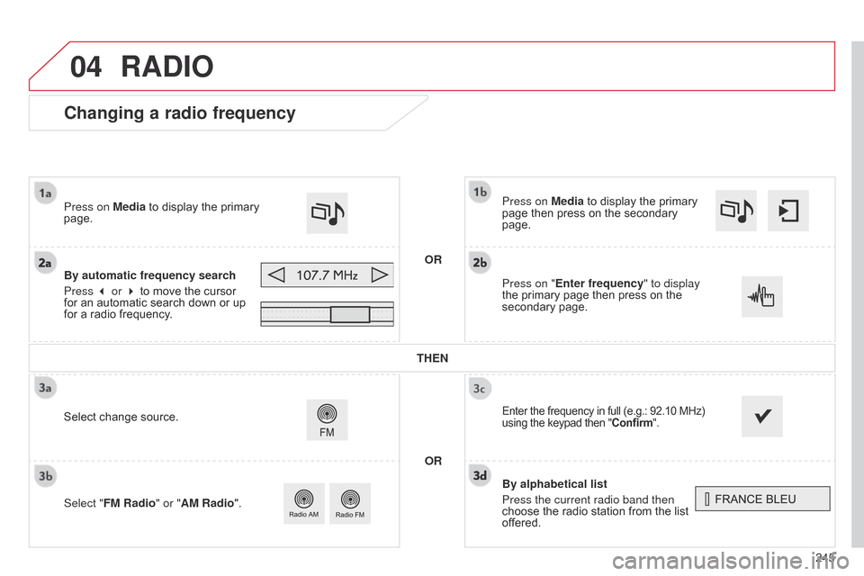 Citroen C4 CACTUS 2015 1.G Workshop Manual 04
245
Changing a radio frequency
By alphabetical list
Press the current radio band then
choose the  radio  station  from  the  list Â
of
fered.
Press on Media
 to  display  the  Citroen C4 CACTUS 2015 1.G Workshop Manual 04
245
Changing a radio frequency
By alphabetical list
Press the current radio band then
choose the  radio  station  from  the  list Â
of
fered.
Press on Media
 to  display  the Â