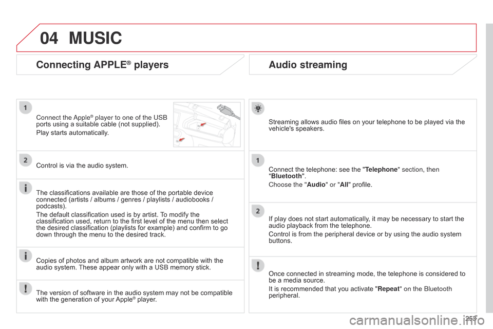Citroen C4 CACTUS 2015 1.G Owners Guide 04
253
Audio streaming
Streaming allows audio files on your telephone to be played via the vehicles speakers.
Connect
the telephone: see the "Telephone" section, then
"B Citroen C4 CACTUS 2015 1.G Owners Guide 04
253
Audio streaming
Streaming allows audio files on your telephone to be played via the vehicles speakers.
Connect
the telephone: see the "Telephone" section, then
"B