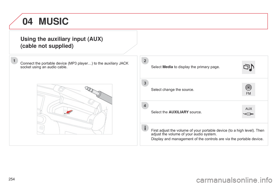 Citroen C4 CACTUS 2015 1.G User Guide 04
Using the auxiliary input (AUX)
(cable not supplied)
Connect the portable device (MP3 player…) to the auxiliary JACK socket  using   an   audio   cable.
First
  adjust   the   vo