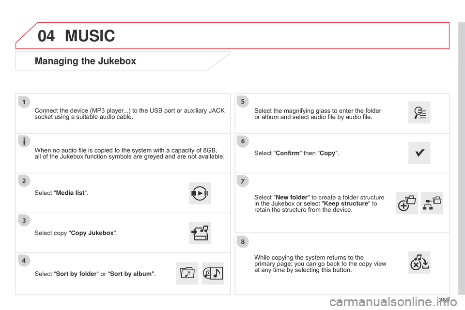 Citroen C4 CACTUS 2015 1.G User Guide 04
255
Select "New folder" to create a folder structure 
in
 
the
 
Jukebox
 
or
 
select
 
"
Keep structure " to 
retain
 
the
 
structure
 
from
 
the
 
device.
Select
 
the
 
magnifying