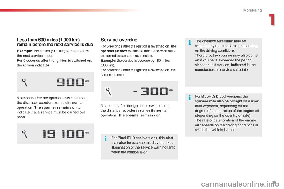 Citroen C4 CACTUS 2015 1.G Owners Manual 25
C4-cactus_en_Chap01_controle-de-marche_ed02-2014
Service overdue
For 5 seconds after the ignition is switched on, the 
s panner flashes  to   indicate   that   the   service   must 