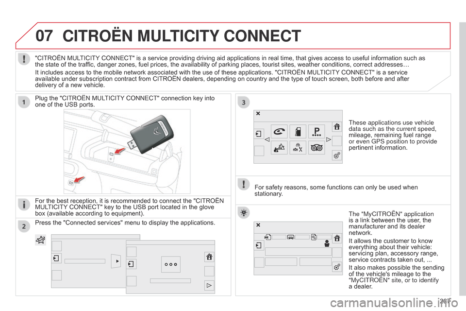 Citroen C4 CACTUS 2015 1.G Owners Manual 07CITROËN MULTICITY CONNECT
These applications use vehicle 
data such as the current speed, 
mileage,  remaining   fuel   range  
or even GPS position to provide 
pertinent

  information.
Plug
