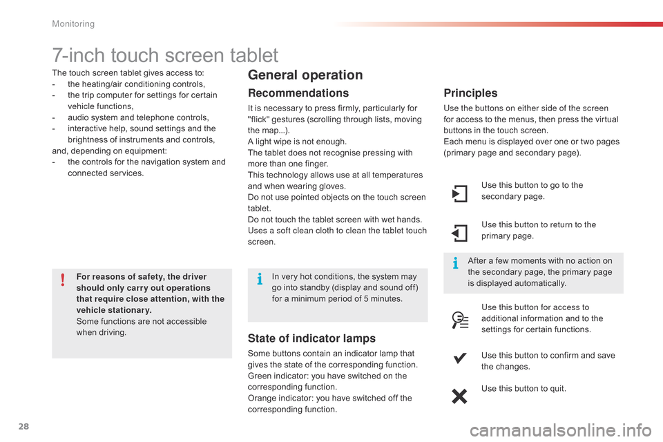 Citroen C4 CACTUS 2015 1.G Owners Manual 28
7-inch touch screen tablet
The touch screen tablet gives access to:
-  t he   heating/air   conditioning   controls,
-
 
t
 he   trip   computer   for   settings   for   certain