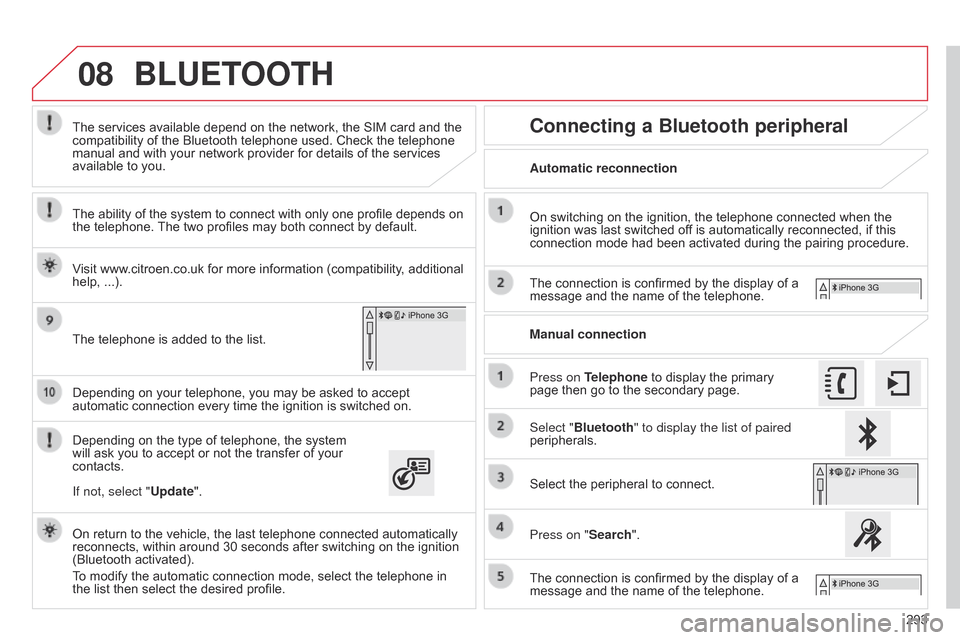 Citroen C4 CACTUS 2015 1.G Owners Guide 08
293
Depending
on
your
telephone,
you
may
be
asked
to
accept
automatic
connection
every
time
the
ignition
is
switched
on.
Depending
on
th Citroen C4 CACTUS 2015 1.G Owners Guide 08
293
Depending
on
your
telephone,
you
may
be
asked
to
accept
automatic
connection
every
time
the
ignition
is
switched
on.
Depending
on
th