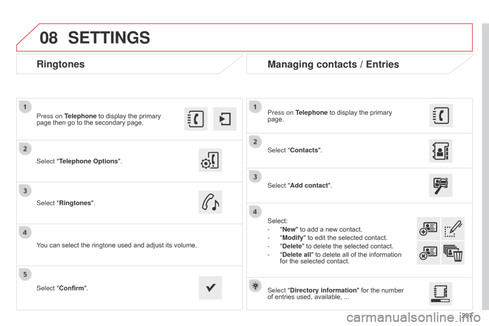 Citroen C4 CACTUS 2015 1.G Owners Manual 08
297
Ringtones
Select "Telephone Options".
Press on Telephone  to  display  the  primary Â
page
 then  go  to  the  secondary  page.
Select "Ringtones".
You
 can  select  Citroen C4 CACTUS 2015 1.G Owners Manual 08
297
Ringtones
Select "Telephone Options".
Press on Telephone  to  display  the  primary Â
page
 then  go  to  the  secondary  page.
Select "Ringtones".
You
 can  select Â