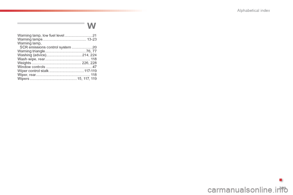 Citroen C4 CACTUS 2015 1.G Owners Manual 309
C4-cactus_en_Chap13_index-alpha_ed02-2014
W
Warning lamp, low fuel level ...........................21
W arning lam ps .......................................... 13
-23
Warning
 lam

p,
 