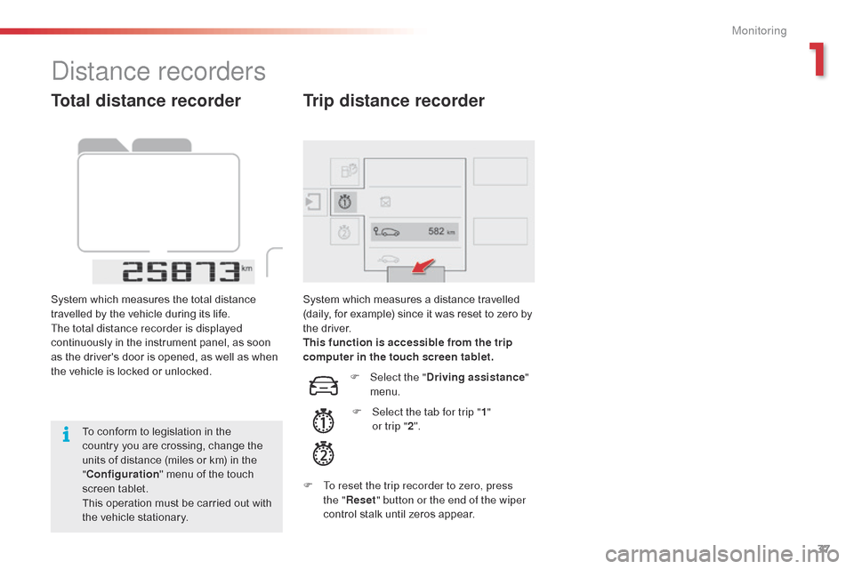 Citroen C4 CACTUS 2015 1.G Owners Manual 37
C4-cactus_en_Chap01_controle-de-marche_ed02-2014
Total distance recorder
System which measures the total distance travelled   by   the   vehicle   during   its   life.
The total distanc