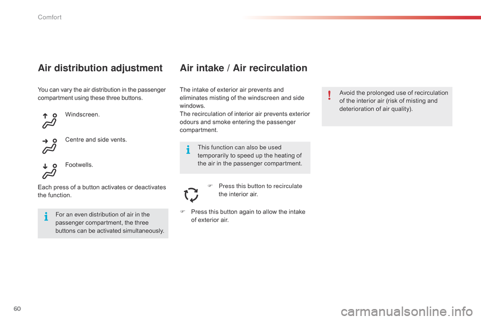 Citroen C4 CACTUS 2015 1.G Owners Manual 60
C4-cactus_en_Chap03_confort_ed02-2014
Air distribution adjustment
The intake of exterior air prevents and eliminates   misting   of   the   windscreen   and   side  
w

indows.
The
 