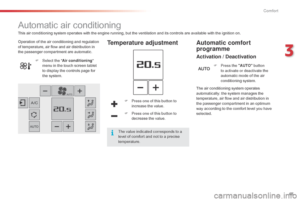 Citroen C4 CACTUS 2015 1.G User Guide 63
C4-cactus_en_Chap03_confort_ed02-2014
Automatic air conditioning
Operation of the air conditioning and regulation of   temperature,   air   flow   and   air   distribution   in  
t