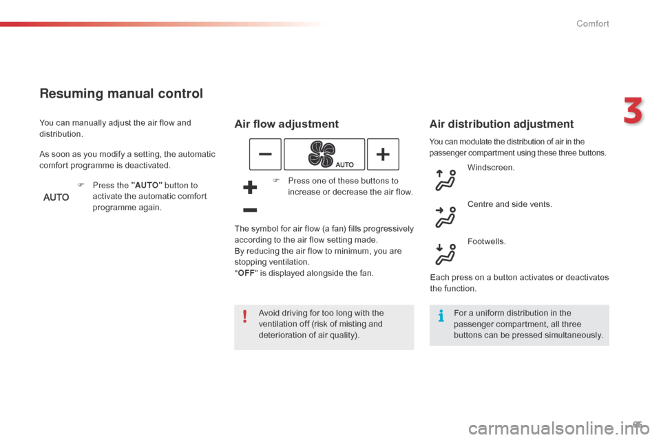 Citroen C4 CACTUS 2015 1.G Owners Manual 65
C4-cactus_en_Chap03_confort_ed02-2014
You can modulate the distribution of air in the passenger   compartment   using   these   three   buttons.
Air flow adjustment
Avoid driving fo