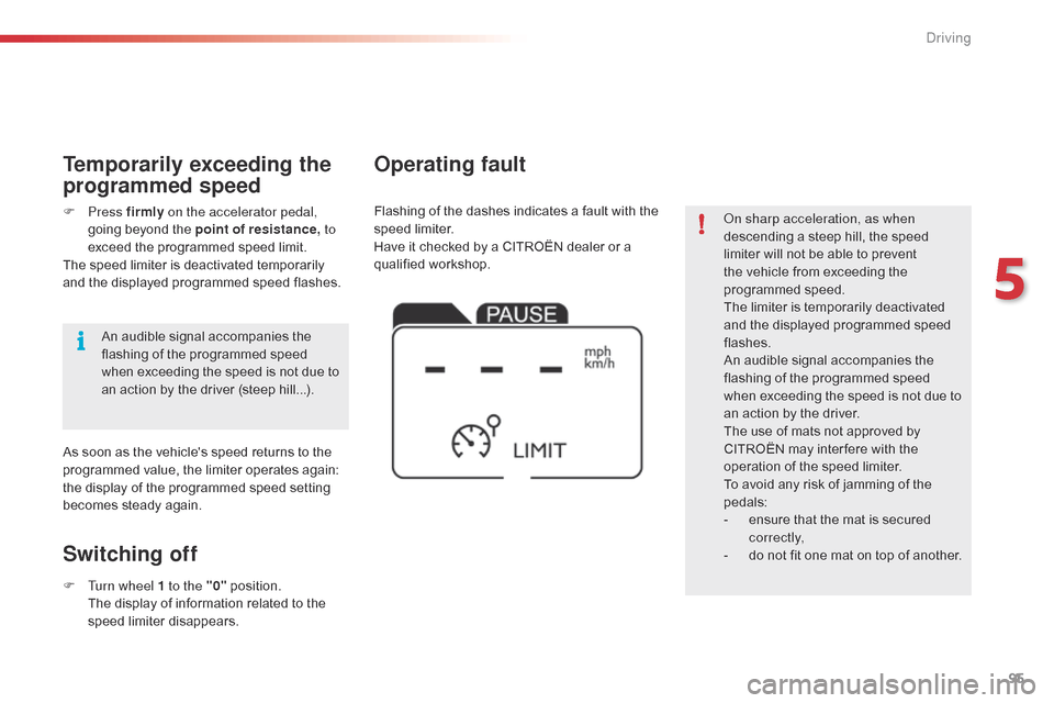Citroen C4 CACTUS 2015 1.G Owners Guide 95
C4-cactus_en_Chap05_conduite_ed02-2014
on sharp acceleration, as when
descending a  steep  hill,  the  speed Â
l
imiter  will  not  be  able  to  prevent Â
t
he  vehicl Citroen C4 CACTUS 2015 1.G Owners Guide 95
C4-cactus_en_Chap05_conduite_ed02-2014
on sharp acceleration, as when
descending a  steep  hill,  the  speed Â
l
imiter  will  not  be  able  to  prevent Â
t
he  vehicl