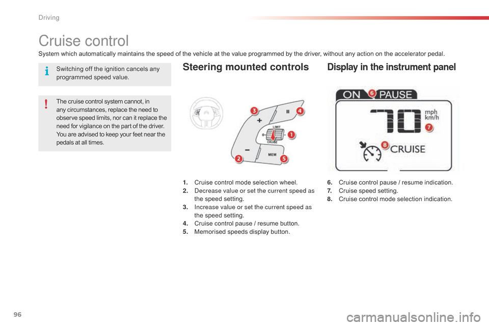 Citroen C4 CACTUS 2015 1.G Owners Manual 96
C4-cactus_en_Chap05_conduite_ed02-2014
Steering mounted controls
6. Cruise control pause / resume indication.
7. C ruise speed setting.
8.
C
ruise control mode sel Citroen C4 CACTUS 2015 1.G Owners Manual 96
C4-cactus_en_Chap05_conduite_ed02-2014
Steering mounted controls
6. Cruise control pause / resume indication.
7. C ruise speed setting.
8.
C
ruise control mode sel