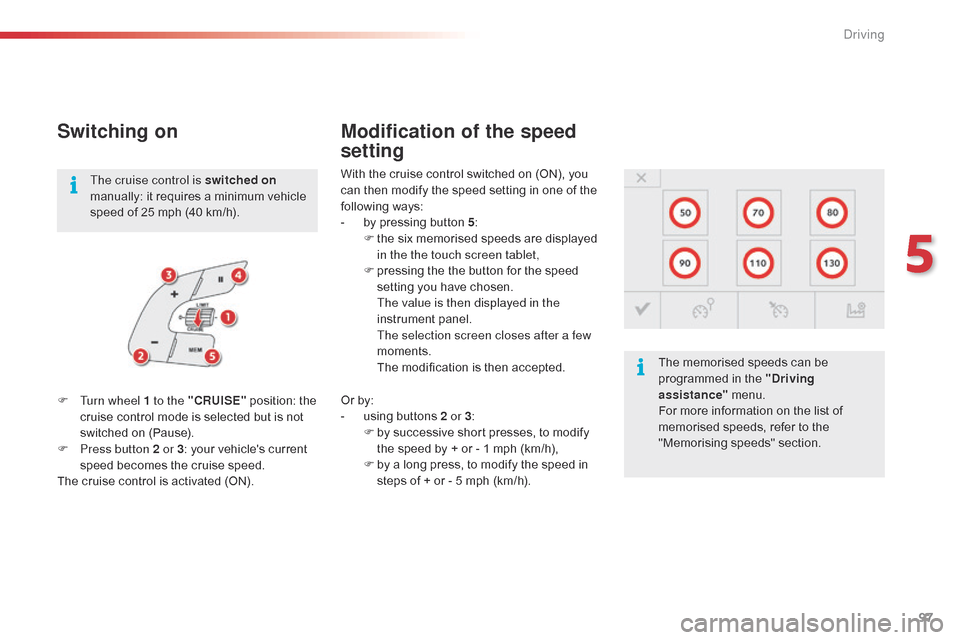 Citroen C4 CACTUS 2015 1.G Owners Manual 97
C4-cactus_en_Chap05_conduite_ed02-2014
Switching on
With the cruise control switched on (ON), you can then modify the speed setting in one of the
f
ollowing
Citroen C4 CACTUS 2015 1.G Owners Manual 97
C4-cactus_en_Chap05_conduite_ed02-2014
Switching on
With the cruise control switched on (ON), you can then modify the speed setting in one of the
f
ollowing
