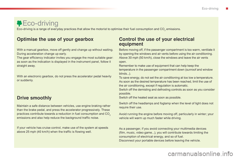 Citroen C4 CACTUS RHD 2015 1.G Owners Manual 9
Optimise the use of your gearbox
With a manual gearbox, move off gently and change up without waiting. During   acceleration   change   up   early.
The
  gear   efficiency   indic