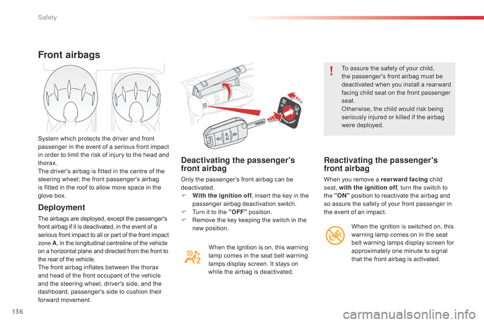 Citroen C4 CACTUS RHD 2015 1.G Owners Manual 136
Deactivating the passengers
front airbag
Only the passengers front airbag can be deactivated.
F
W
ith the ignition off ,
 insert  the  key  in  the Â
p
assenger  airbag Citroen C4 CACTUS RHD 2015 1.G Owners Manual 136
Deactivating the passengers
front airbag
Only the passengers front airbag can be deactivated.
F
W
ith the ignition off ,
 insert  the  key  in  the Â
p
assenger  airbag