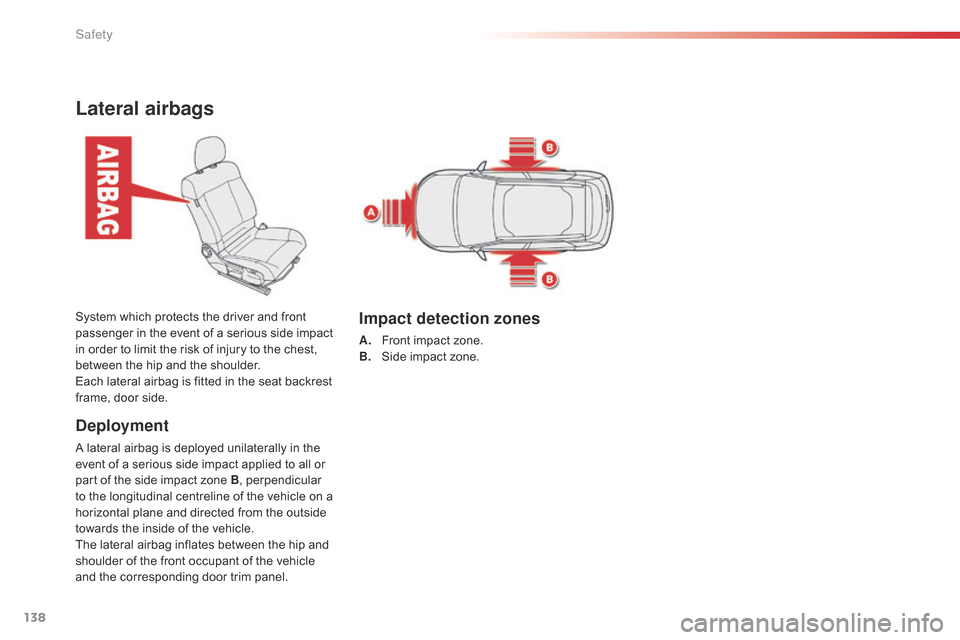 Citroen C4 CACTUS RHD 2015 1.G Owners Manual 138
Lateral airbags
Deployment
A lateral airbag is deployed unilaterally in the event  of  a  serious  side  impact  applied  to  all  or Â
p
art  of  the  side  im Citroen C4 CACTUS RHD 2015 1.G Owners Manual 138
Lateral airbags
Deployment
A lateral airbag is deployed unilaterally in the event  of  a  serious  side  impact  applied  to  all  or Â
p
art  of  the  side  im