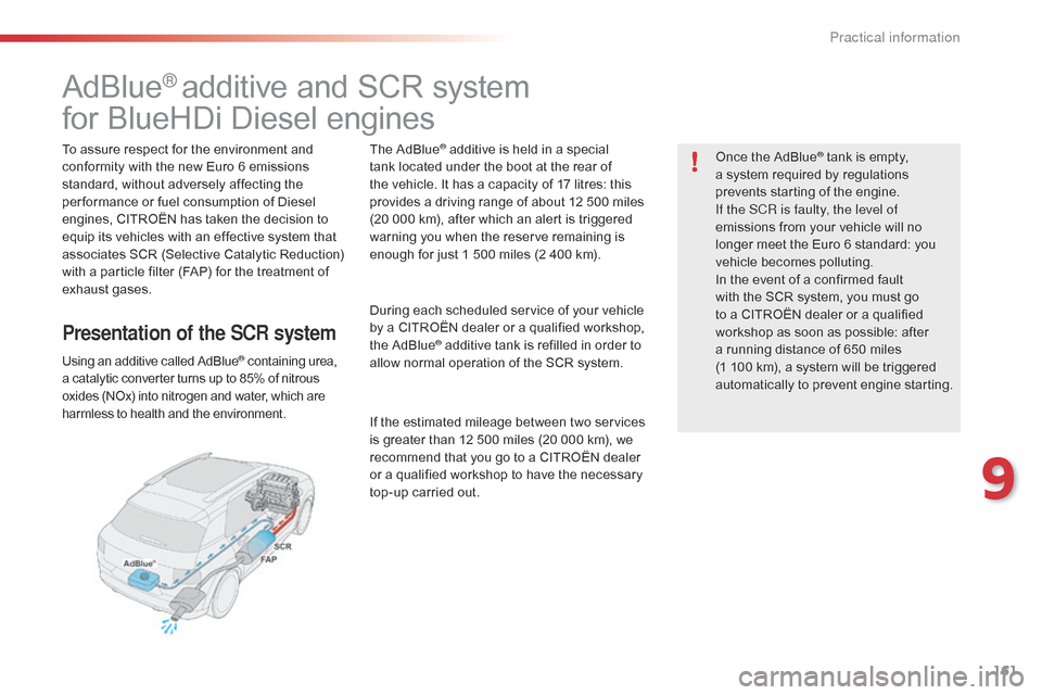 Citroen C4 CACTUS RHD 2015 1.G Owners Manual 161
AdBlue® additive and SCR system
f
or
BlueHDi Diesel engines
To assure respect for the environment and c
onformity with the new Euro 6 emissions
s
tandard, Citroen C4 CACTUS RHD 2015 1.G Owners Manual 161
AdBlue® additive and SCR system
f
or
BlueHDi Diesel engines
To assure respect for the environment and c
onformity with the new Euro 6 emissions
s
tandard,