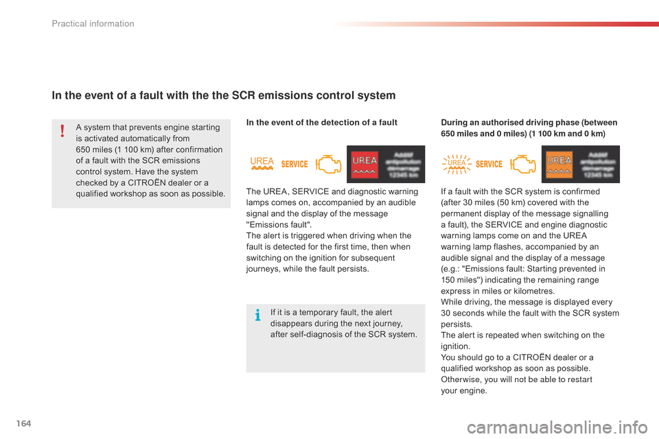 Citroen C4 CACTUS RHD 2015 1.G Workshop Manual 164
In the event of a fault with the the SCR emissions control system
In the event of the detection of a faultDuring an authorised driving phase (between 
650 miles and 0 miles) (1 100 km and 0 km)
A
