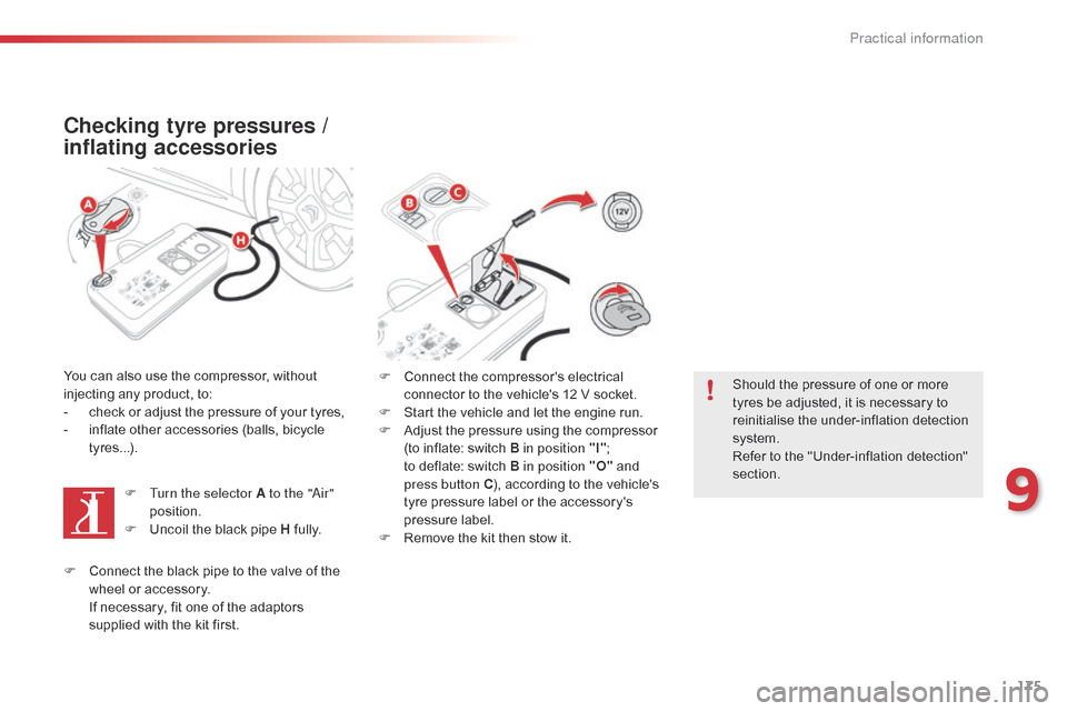 Citroen C4 CACTUS RHD 2015 1.G User Guide 175
Checking tyre pressures /
i nflating accessories
You can also use the compressor, without i
njecting any product, to:
-
c
heck or adjust the pressure of your Citroen C4 CACTUS RHD 2015 1.G User Guide 175
Checking tyre pressures /
i nflating accessories
You can also use the compressor, without i
njecting any product, to:
-
c
heck or adjust the pressure of your