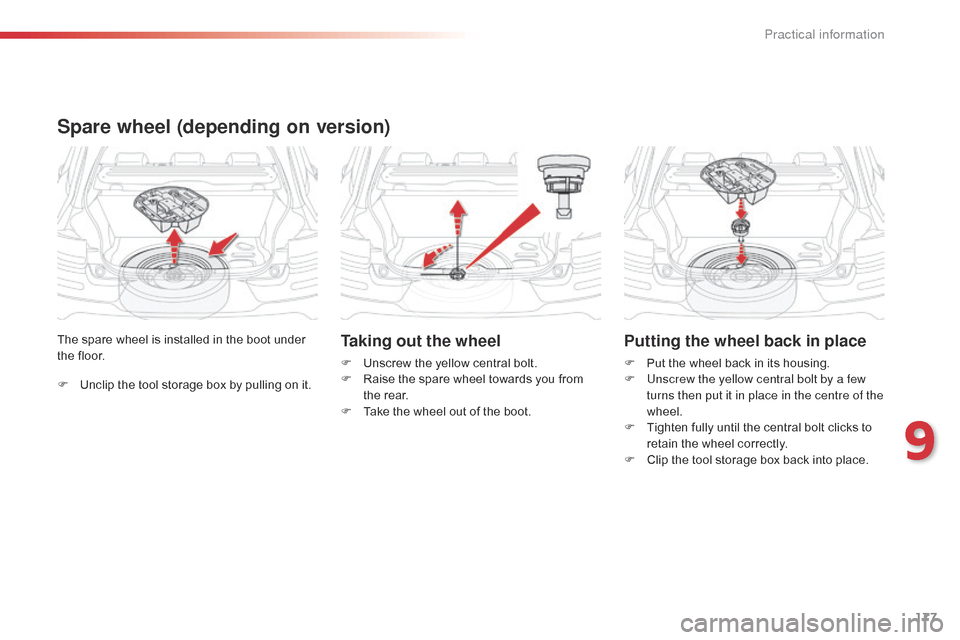 Citroen C4 CACTUS RHD 2015 1.G Owners Manual 177
F Unclip the tool storage box by pulling on it.
The spare wheel is installed in the boot under
t
he floor.
Spare wheel (depending on version) Citroen C4 CACTUS RHD 2015 1.G Owners Manual 177
F Unclip the tool storage box by pulling on it.
The spare wheel is installed in the boot under
t
he floor.
Spare wheel (depending on version)