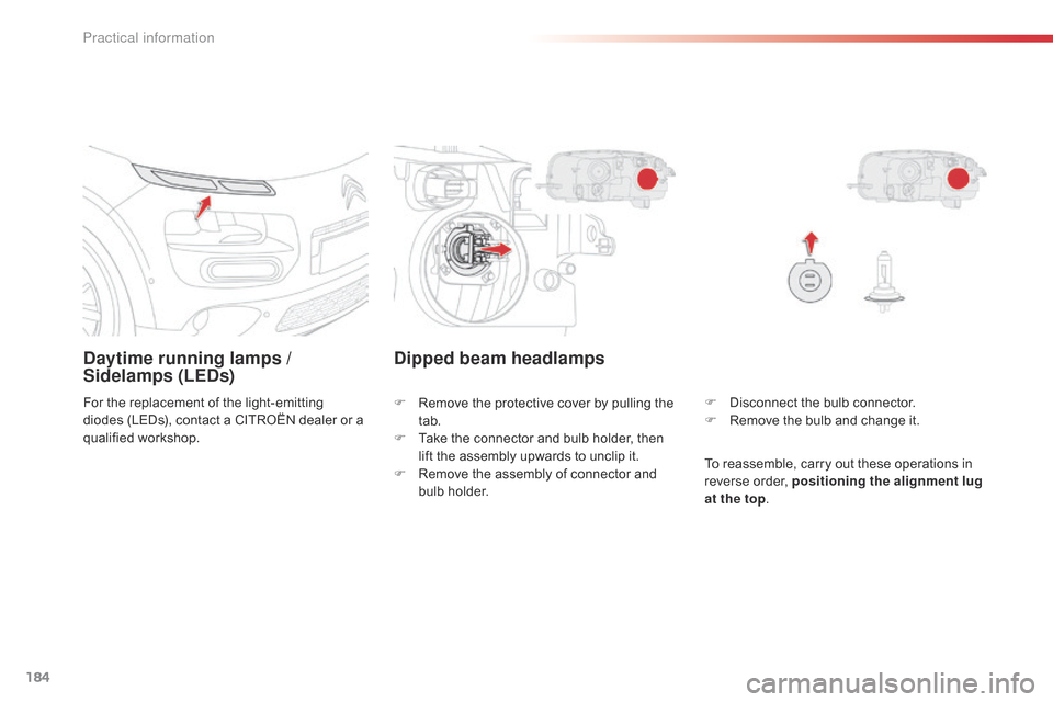 Citroen C4 CACTUS RHD 2015 1.G Owners Manual 184
Daytime running lamps /
S idelamps (LEDs)
For the replacement of the light-emitting d
iodes  (LEDs),  contact  a  CITROËN  dealer  or  a Â
q
ualified
 w
orkshop. F
 D is Citroen C4 CACTUS RHD 2015 1.G Owners Manual 184
Daytime running lamps /
S idelamps (LEDs)
For the replacement of the light-emitting d
iodes  (LEDs),  contact  a  CITROËN  dealer  or  a Â
q
ualified
 w
orkshop. F
 D is