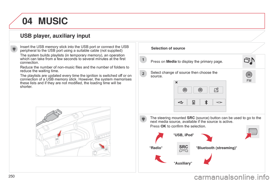 Citroen C4 CACTUS RHD 2015 1.G Owners Manual 04
250
USB player, auxiliary input
Insert the USB memory stick into the USB port or connect the USB peripheral to  the  USB  port  using  a  suitable  cable  (not  sup Citroen C4 CACTUS RHD 2015 1.G Owners Manual 04
250
USB player, auxiliary input
Insert the USB memory stick into the USB port or connect the USB peripheral to  the  USB  port  using  a  suitable  cable  (not  sup