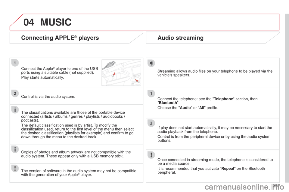 Citroen C4 CACTUS RHD 2015 1.G Owners Manual 04
253
Audio streaming
Streaming allows audio files on your telephone to be played via the vehicles speakers.
Connect
 the  telephone:  see  the  "Telephone" section, then
"B Citroen C4 CACTUS RHD 2015 1.G Owners Manual 04
253
Audio streaming
Streaming allows audio files on your telephone to be played via the vehicles speakers.
Connect
 the  telephone:  see  the  "Telephone" section, then
"B