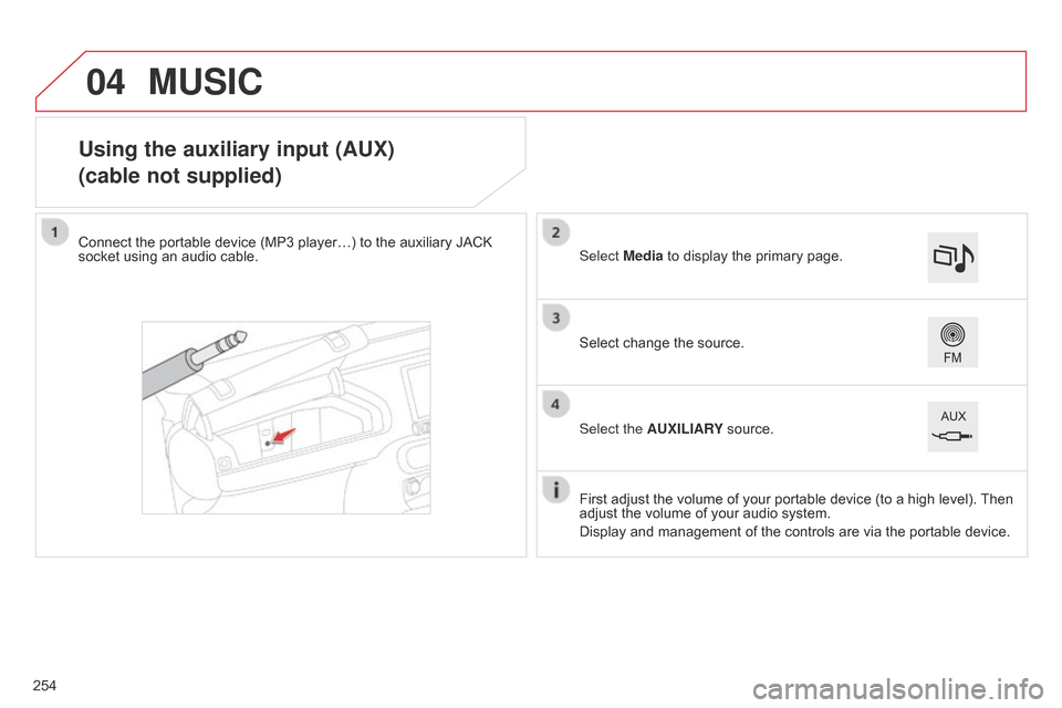 Citroen C4 CACTUS RHD 2015 1.G Owners Manual 04
Using the auxiliary input (AUX)
(cable not supplied)
Connect the portable device (MP3 player…) to the auxiliary JACK socket using  an  audio  cable.
First
 adjust  the  vo Citroen C4 CACTUS RHD 2015 1.G Owners Manual 04
Using the auxiliary input (AUX)
(cable not supplied)
Connect the portable device (MP3 player…) to the auxiliary JACK socket using  an  audio  cable.
First
 adjust  the  vo