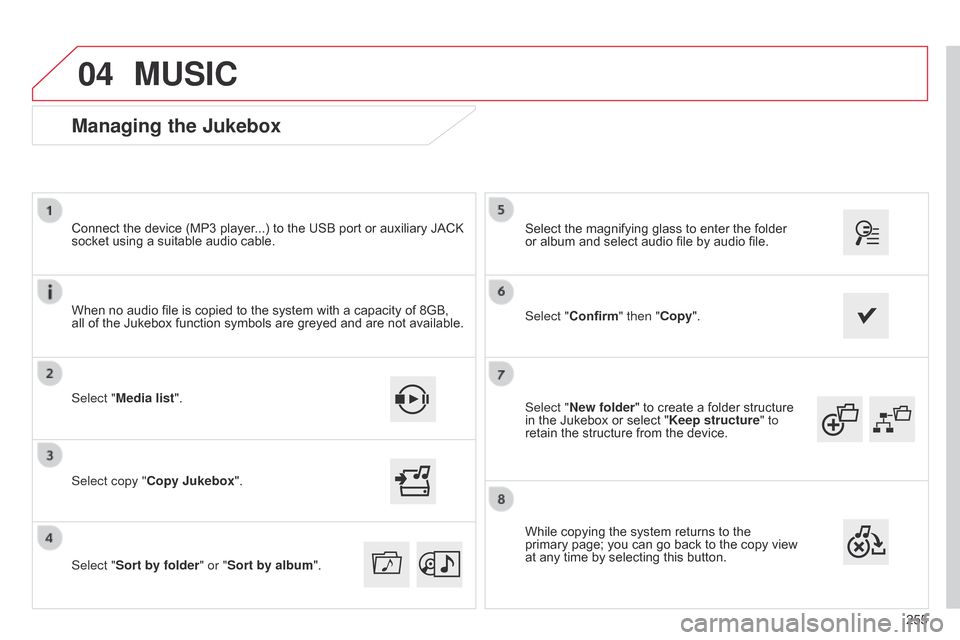 Citroen C4 CACTUS RHD 2015 1.G Owners Manual 04
255
Select "New folder"
Â
to
Â
create
Â
a
Â
folder
Â
structure
Â
in
Â
the
Â
Jukebox
Â
or
Â
select
Â
"
Keep structure " to
retain
Â
the
Â
structure
Â
from
Â
the
Â
device.
Select
 Citroen C4 CACTUS RHD 2015 1.G Owners Manual 04
255
Select "New folder"
Â
to
Â
create
Â
a
Â
folder
Â
structure
Â
in
Â
the
Â
Jukebox
Â
or
Â
select
Â
"
Keep structure " to
retain
Â
the
Â
structure
Â
from
Â
the
Â
device.
Select
Â
