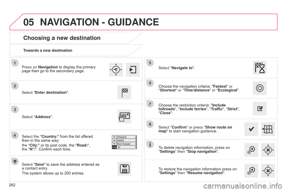 Citroen C4 CACTUS RHD 2015 1.G User Guide 05
262Towards a new destination
Choosing a new destination
Select "Enter destination".
Select "Save"
 to  save  the  address  entered  as Â
a contact
 entry.
The
 system  allows  Citroen C4 CACTUS RHD 2015 1.G User Guide 05
262Towards a new destination
Choosing a new destination
Select "Enter destination".
Select "Save"
 to  save  the  address  entered  as Â
a contact
 entry.
The
 system  allows Â