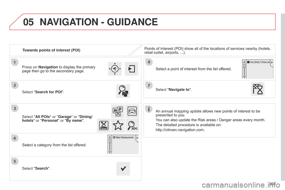 Citroen C4 CACTUS RHD 2015 1.G User Guide 05
265
Towards points of interest (POI)
Points
Â
of
Â
Interest
Â
(POI)
Â
show
Â
all
Â
of
Â
the
Â
locations
Â
of
Â
services
Â
nearby
Â
(hotels, Â
retail
Â
outlet,
Â
airports,
Â
...).
S Citroen C4 CACTUS RHD 2015 1.G User Guide 05
265
Towards points of interest (POI)
Points
Â
of
Â
Interest
Â
(POI)
Â
show
Â
all
Â
of
Â
the
Â
locations
Â
of
Â
services
Â
nearby
Â
(hotels, Â
retail
Â
outlet,
Â
airports,
Â
...).
S