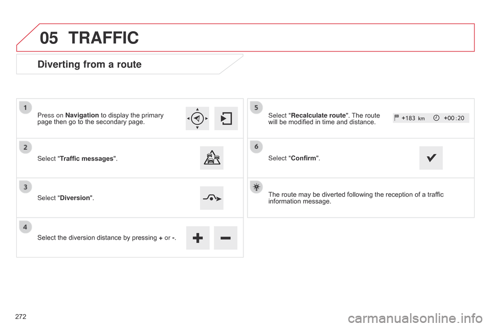 Citroen C4 CACTUS RHD 2015 1.G Owners Guide 05
Diverting from a route
Press on Navigation to display the primary page then go to the secondary page.
Select "Traffic messages ".
Select "Diversion".
Select
the diversio Citroen C4 CACTUS RHD 2015 1.G Owners Guide 05
Diverting from a route
Press on Navigation to display the primary page then go to the secondary page.
Select "Traffic messages ".
Select "Diversion".
Select
the diversio
