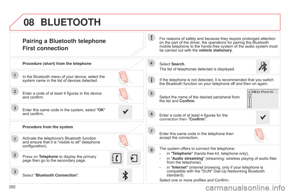 Citroen C4 CACTUS RHD 2015 1.G User Guide 08
292
Pairing a Bluetooth telephone
First connectionFor reasons of safety and because they require prolonged attention on the  part  of  the  driver,  the  operations  for  Citroen C4 CACTUS RHD 2015 1.G User Guide 08
292
Pairing a Bluetooth telephone
First connectionFor reasons of safety and because they require prolonged attention on the  part  of  the  driver,  the  operations  for Â