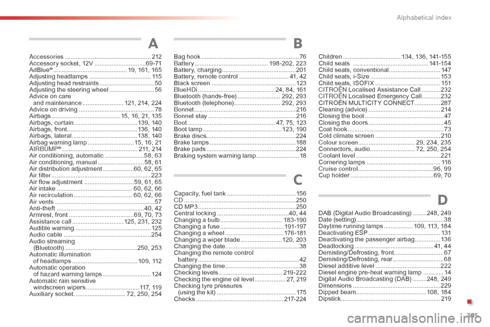 Citroen C4 CACTUS RHD 2015 1.G Owners Manual 305
C4-cactus_ gb_Chap13_index-alpha_ed02-2014
accessories ..................................................212
Accessory socket, 12V ..............................6
9 -71
AdBlue
® ....... Citroen C4 CACTUS RHD 2015 1.G Owners Manual 305
C4-cactus_ gb_Chap13_index-alpha_ed02-2014
accessories ..................................................212
Accessory socket, 12V ..............................6
9 -71
AdBlue
® .......
