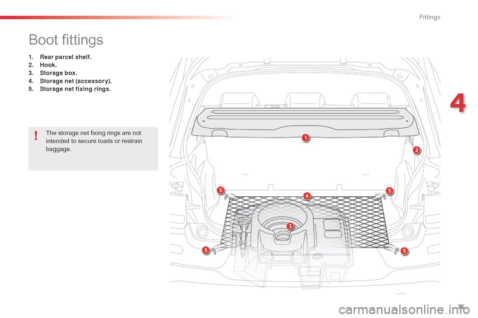 Citroen C4 CACTUS RHD 2015 1.G Manual PDF 75
Boot fittings
1. Rear parcel shelf.
2. Hook.
3.
S
torage box.
4.
S
torage net (accessory).
5.
S
torage net fixing rings.
The
 storage  net  fixing  rings  are  not Â
i
ntende Citroen C4 CACTUS RHD 2015 1.G Manual PDF 75
Boot fittings
1. Rear parcel shelf.
2. Hook.
3.
S
torage box.
4.
S
torage net (accessory).
5.
S
torage net fixing rings.
The
 storage  net  fixing  rings  are  not Â
i
ntende