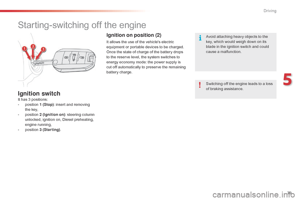 Citroen C4 CACTUS RHD 2015 1.G Manual Online 79
Starting-switching off the engine
It has 3 positions:
-  p osition  1 (Stop):
 insert  and  removing Â
the
 key,
-
Â
p
osition  2 (Ignition on) :
 steering  column Â
u
Citroen C4 CACTUS RHD 2015 1.G Manual Online 79
Starting-switching off the engine
It has 3 positions:
-  p osition  1 (Stop):
 insert  and  removing Â
the
 key,
-
Â
p
osition  2 (Ignition on) :
 steering  column Â
u