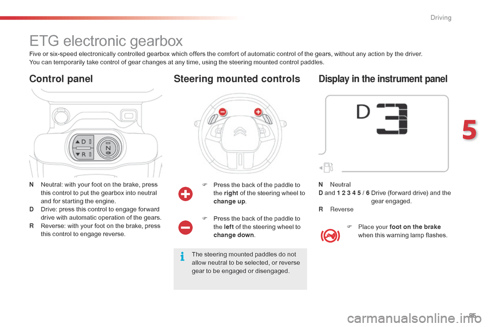 Citroen C4 CACTUS RHD 2015 1.G Manual Online 85
ETG electronic gearbox
N Neutral: with  your  foot  on  the  brake,  press  t
his  control  to  put  the  gearbox  into  neutral Â
a
nd  for  starting  the  Citroen C4 CACTUS RHD 2015 1.G Manual Online 85
ETG electronic gearbox
N Neutral: with  your  foot  on  the  brake,  press  t
his  control  to  put  the  gearbox  into  neutral Â
a
nd  for  starting  the Â