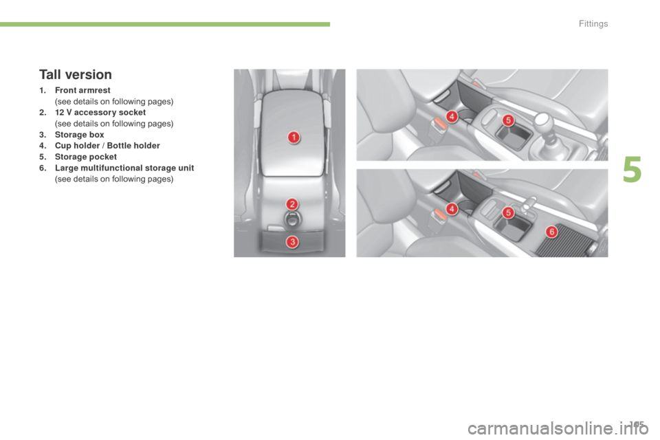 Citroen C4 2015 2.G Owners Manual 105
C4-2_en_Chap05_amenagement_ed01-2015
C4-2_en_Chap05_amenagement_ed01-2015
Tall version
1. Front armrest  (
see   details   on   following   pages)
2.
 1

2 V accessory socket  
 (

see   de